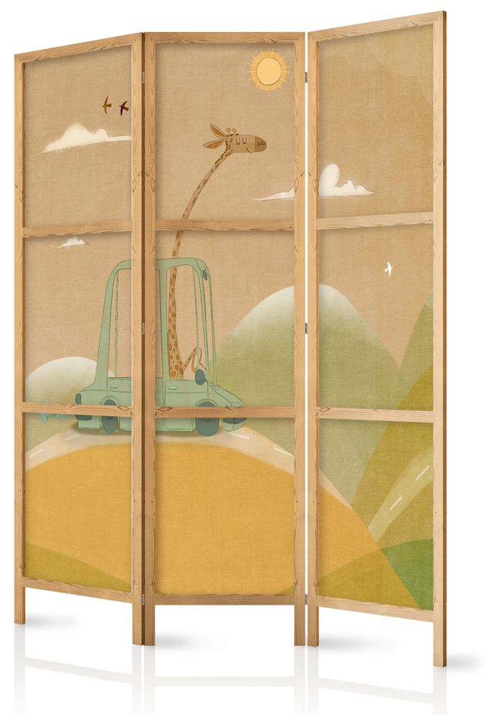 Muralo Japanischer PARAVENT 3-teilig Raumteiler klappbar PREMIUM-Vliesleinwand GIRAFFE IM AUTO für Kinderzimmer 135cmx172cm