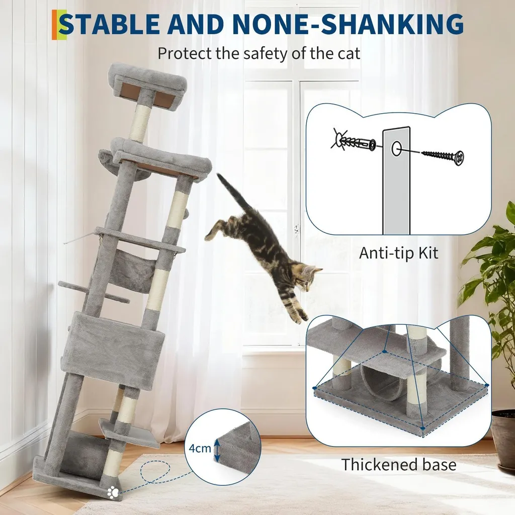 Arbre à chat XL Gris clair stable pour grands chats avec hamac douillet
