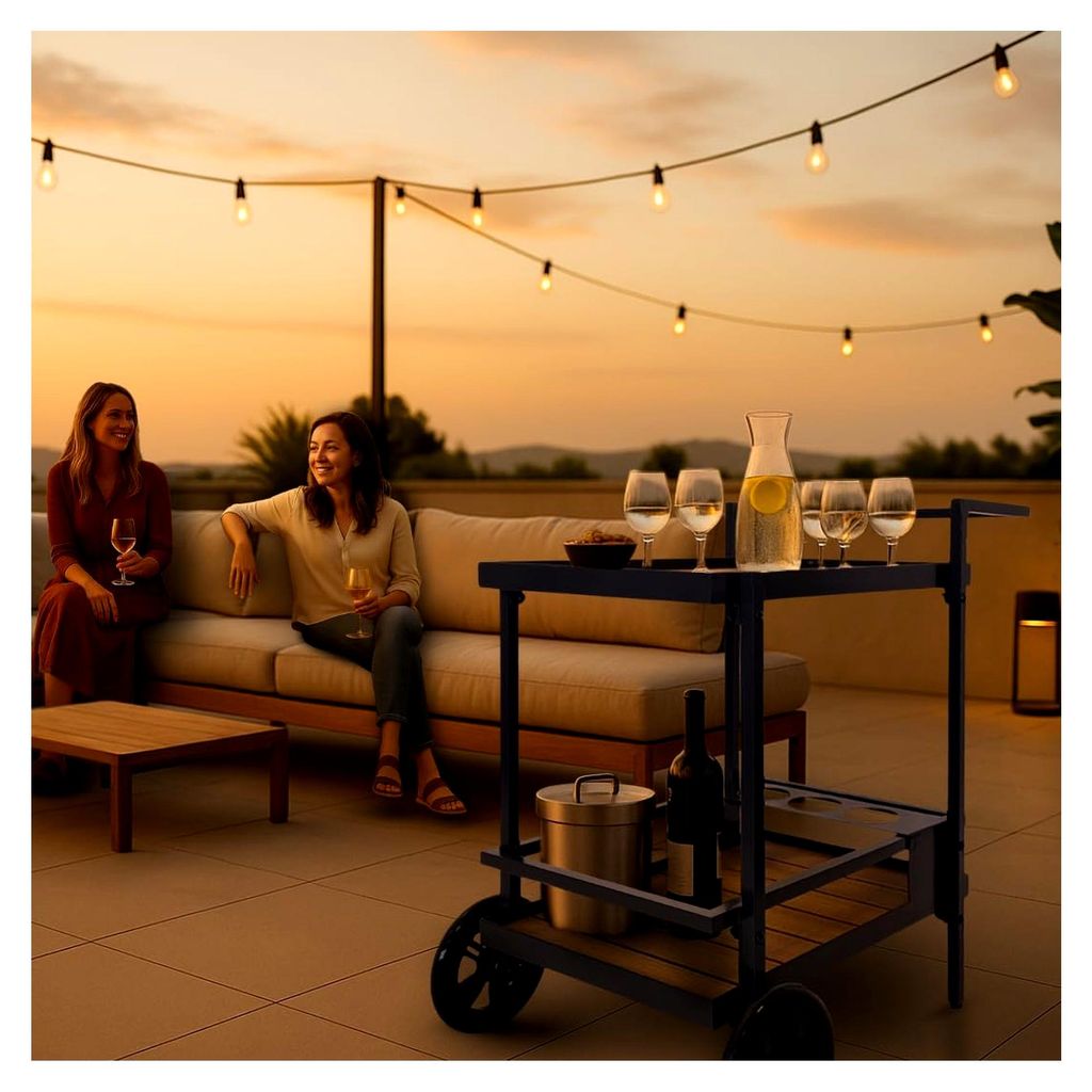 Servierwagen aus WPC und Aluminium – Wetterfester Grillwagen mit Flaschenhaltern – Garten-Beistelltisch mit großen Gummirädern – Mobiler Ba...