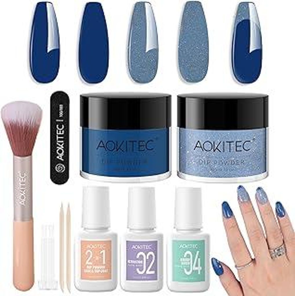 Aokitec Dipping Powder Nails Set - Blaues & schimmerndes Dip Powder mit Dip Liquid Base Nagelzubehör für Nail Art, Dipping Acryl Nägel Starterse...
