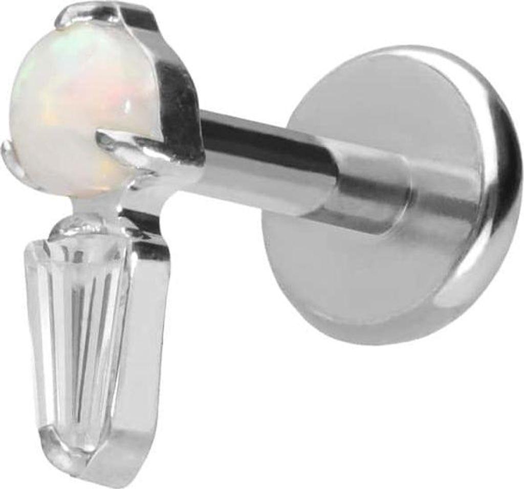 Ohrpiercing, Nasenpiercing Titan Labret mit Push Fit SYNTHETISCHER OPAL + KRISTALLRECHTECK Silber Stablänge: 6mm | Stabstärke: 1mm
