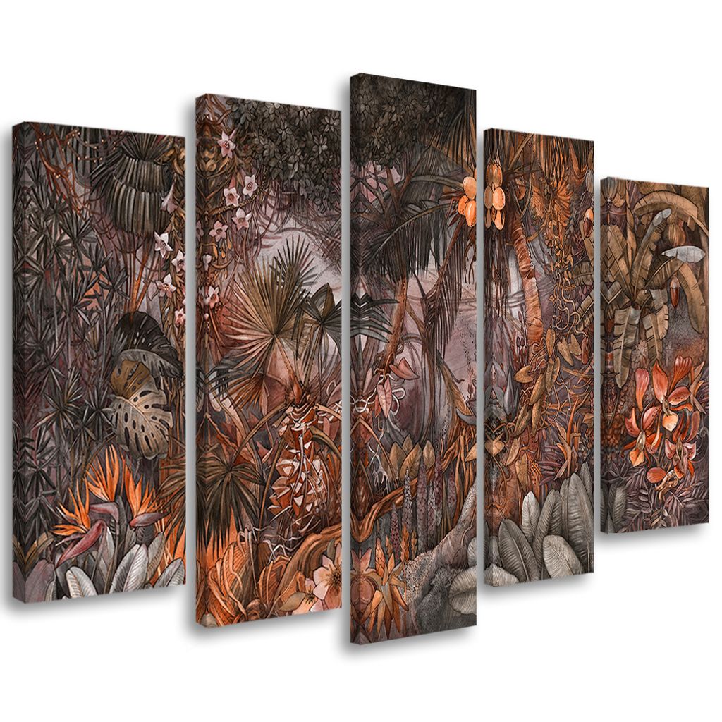 5-teiliges leinwandbild tiefer dschungel 100x70 cm Feeby braun wandbild bereit zum aufhängen