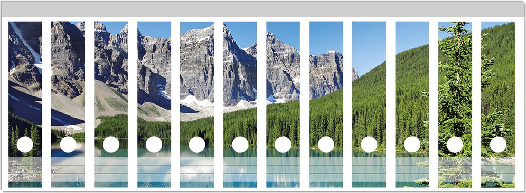 Wallario Ordnerrücken Sticker, selbstklebend für breite Ordner, 12 Stück, Motiv Tiefblauer See mit Bergpanorama und Wäldern Kanada