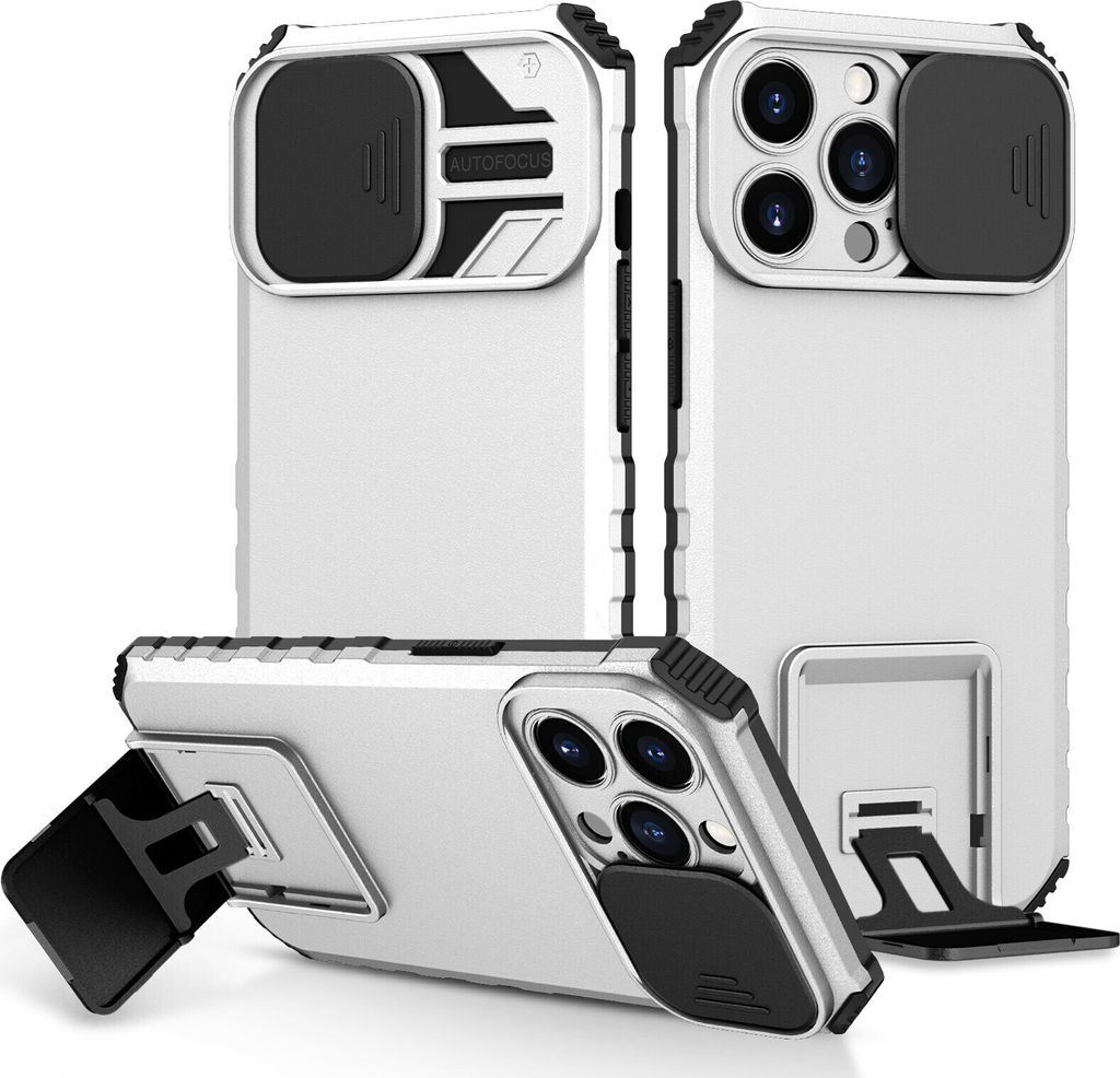 iPhone 13 Pro Hülle, Dual Layer Ständer Schutzhülle mit Schiebe Kamera Schutz für iPhone 13 Pro Weiß