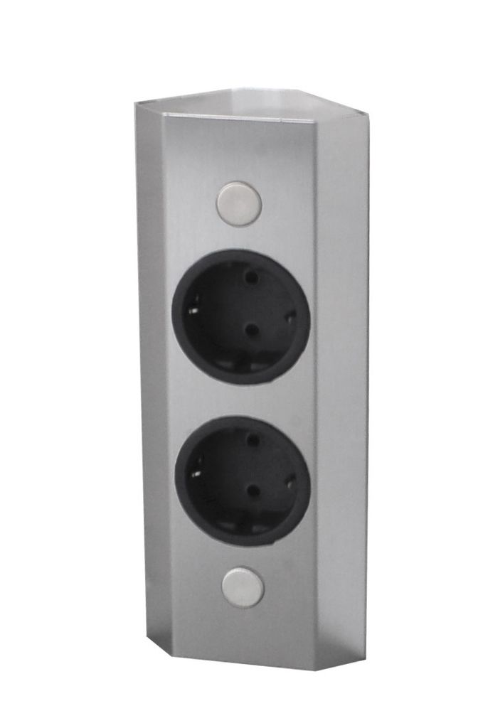 A corner power strip with two outlets and two buttons, made of stainless steel.