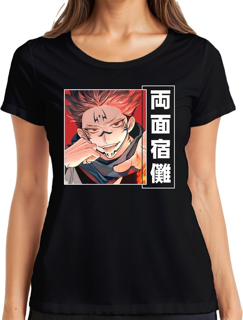 Jujutsu Kaisen 両面宿儺 Dämon Anime Ästhetik Manga Flamme Geschenk Damen T-Shirt, Schwarz, 3XL