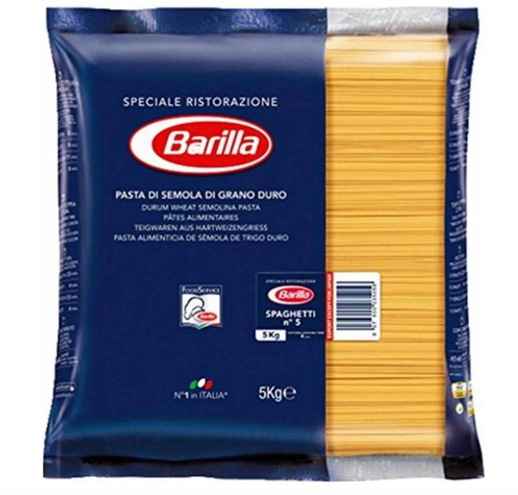 A bag of Barilla Spaghetti Nr. 5 pasta.