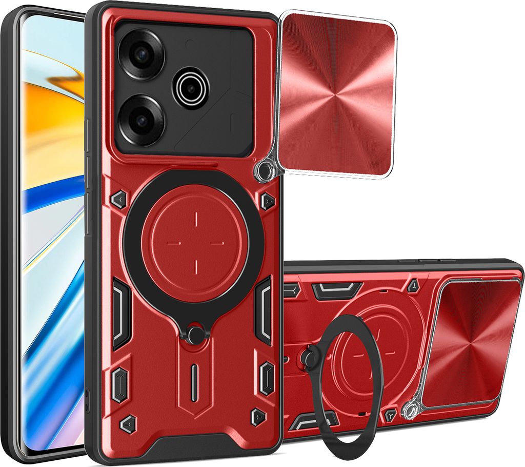 Handyhülle für Tecno Pova 6 Pro Dual-Layer Stoßfest Rüstung Hülle mit Dia Kameraschutz und Kreisförmig Ring Ständer Rot
