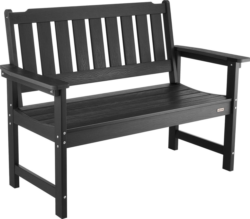 A black garden bench is shown against a white background.