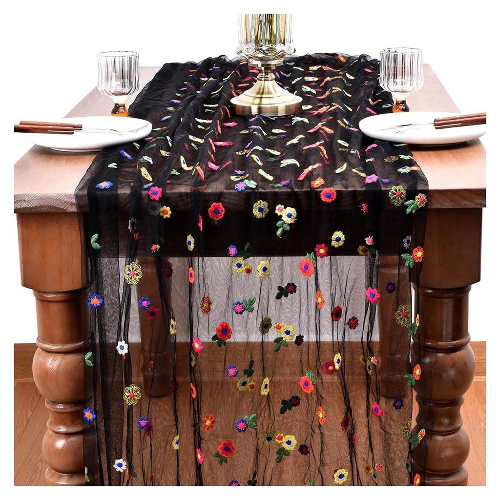 Bestickter Tischläufer mit Blumenmuster, transparente Tischdecke aus Netzgewebe für Frühling und Sommer, zarte florale Spitzentischdekoration f...