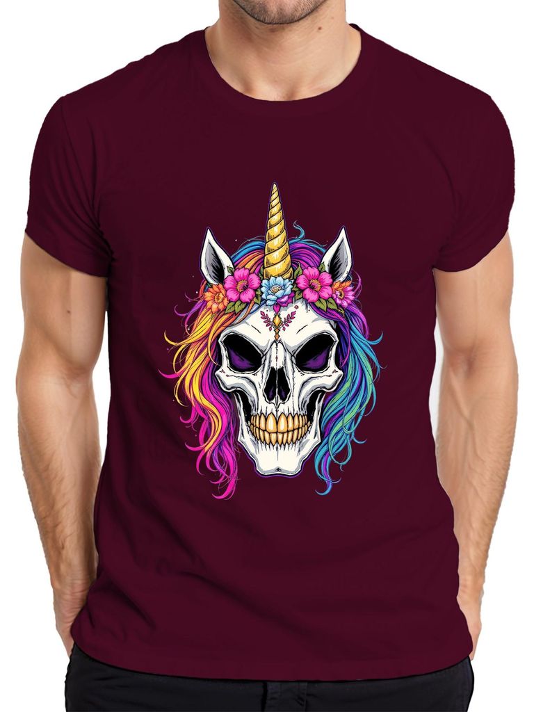 Einhorn Totenkopf bunte Mähne Blumenkranz Horn Gothic Halloween Herren T-Shirt, Burgundy, M