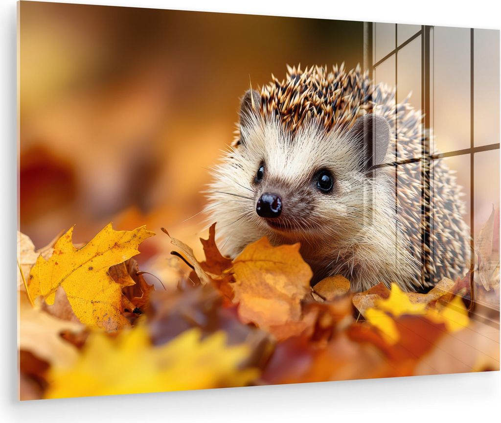 MuchoWow Glasbilder - Bilder auf Wandbild - Foto auf Glas Igel - Wald - Herbstlaub - Herbst - Waldtiere - Natur 30x20 cm Wanddekoration aus Glas - ...