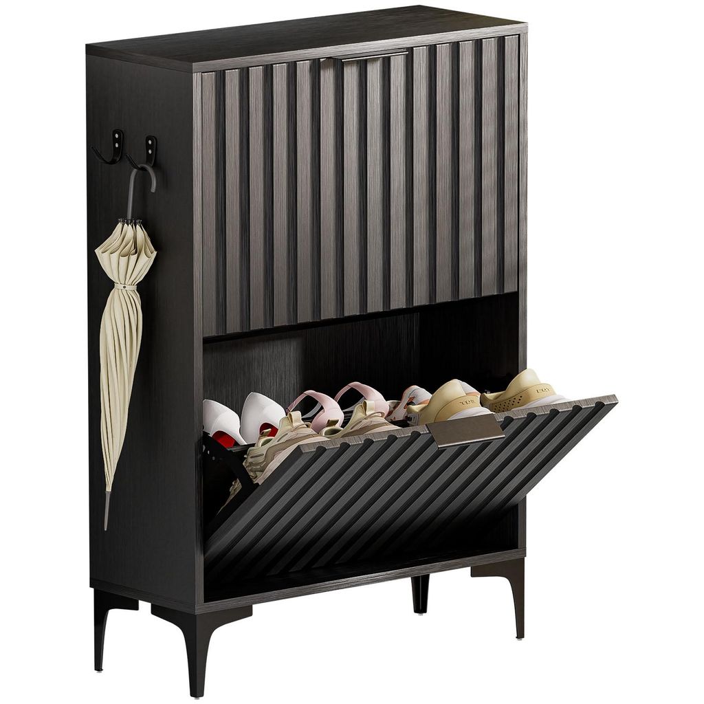 Schuhschrank Schuhkipper mit 2 Klappen Schuhregal 60x23.5x94 cm Schwarz