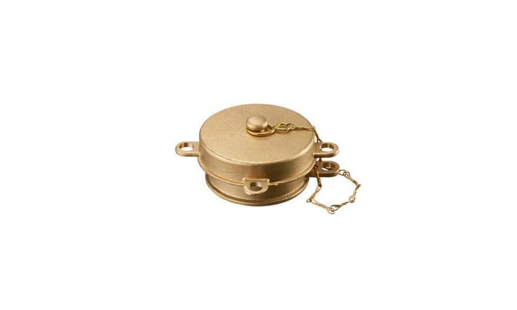 A brass cap with a chain attached, isolated on a white background.