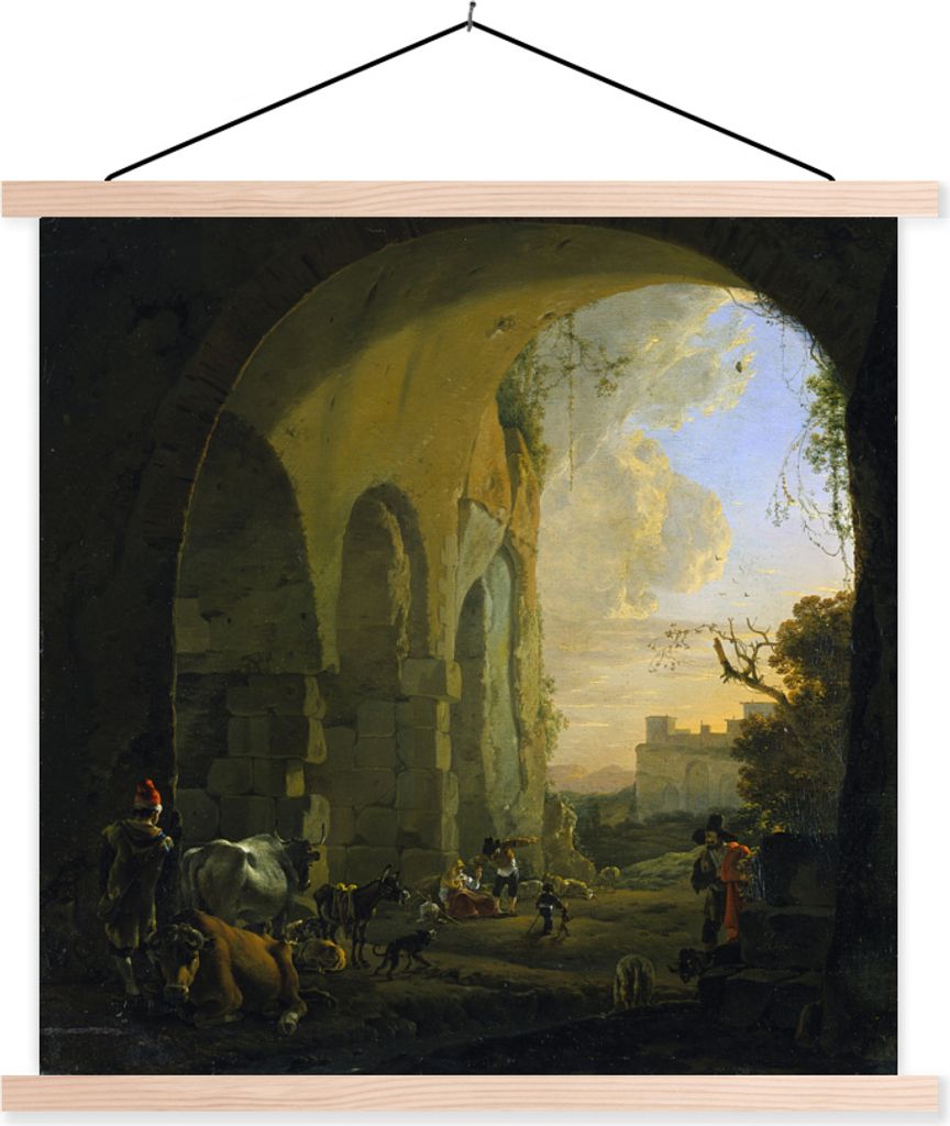 MuchoWow Textilposter Hirten mit Vieh unter einem Gewölbe im Kolosseum in Rom - Gemälde von Jan Asselijn 40x40 cm mit holzfarbenen Rahmen - Pos...