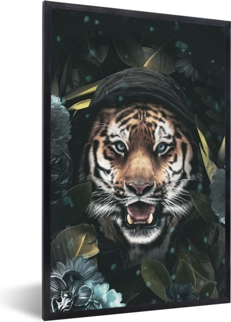 MuchoWow MuchoWow Gerahmtes Poster Blumen - Tiger - Raubtier 40x60 cm - Poster mit zchwarzem Bilderrahmen - Papierdruck - Wandbilder