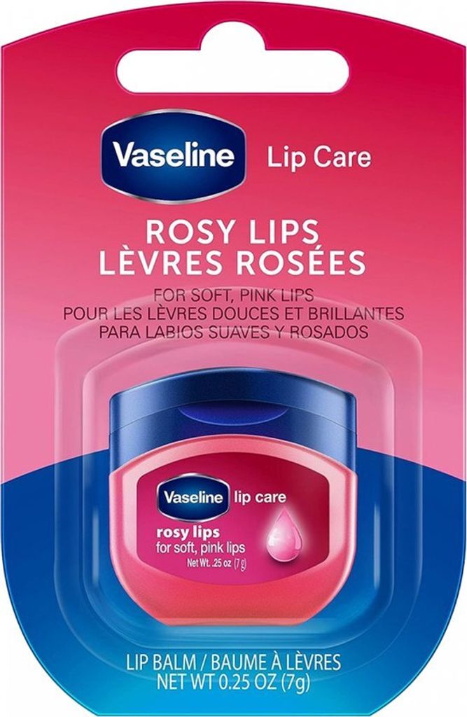 The image shows the retail packaging for Vaseline Lip Care Rosy Lips lip balm.