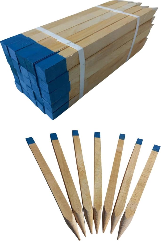 50 Stück Holzpfähle Buche 25x25 mm Länge 40 cm Blau Spitze Markierungspfosten Pflanzstäbe Zaunpfosten