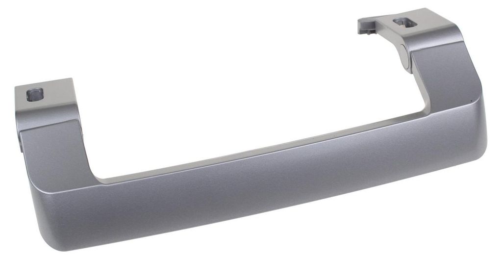 A silver refrigerator door handle is shown against a white background.