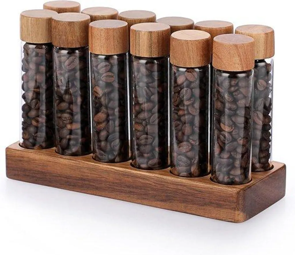 Organisez vos doses de café avec cette boîte en bois et tubes en verre