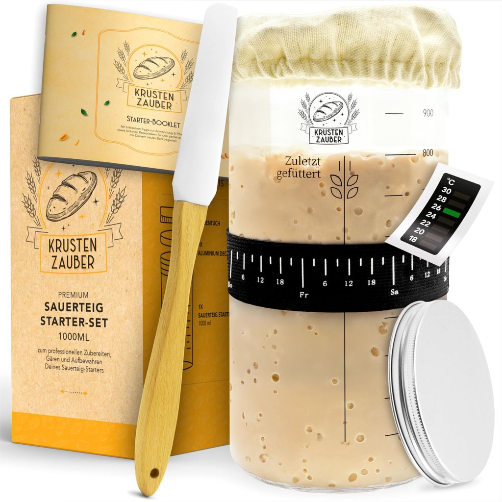 KRUSTENZAUBER Sauerteig Starter Set - 1000ml Gärglas mit Spatel u. Thermometer - Brot Backen Zubehör, Sauerteig Glas, Fermentieren, Sourdough Sta...