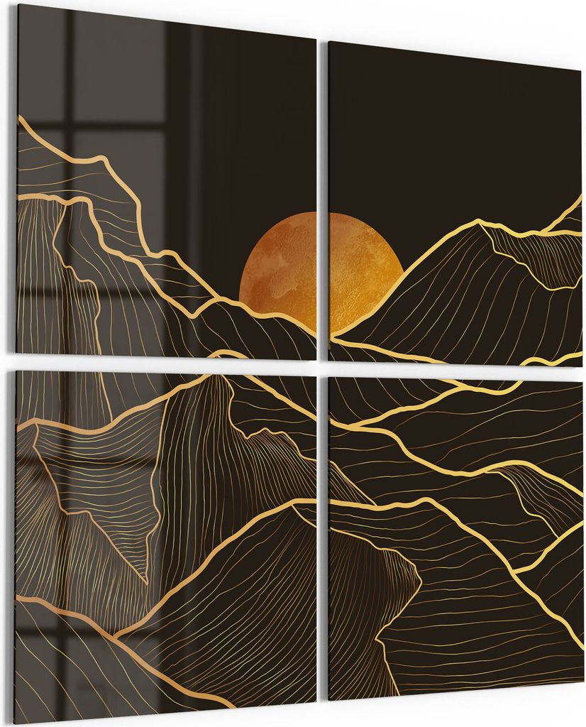 DEQORI Glasbild Echtglas 4x50x50 cm 'Goldenes Linien Gebirge' Wandbilder XXL groß