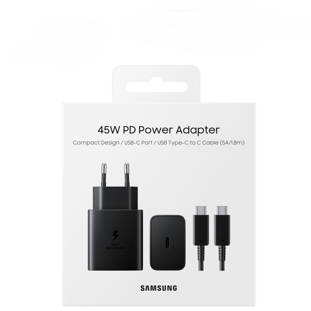 The image shows the packaging of a Samsung 45W PD Power Adapter with a USB-C cable.