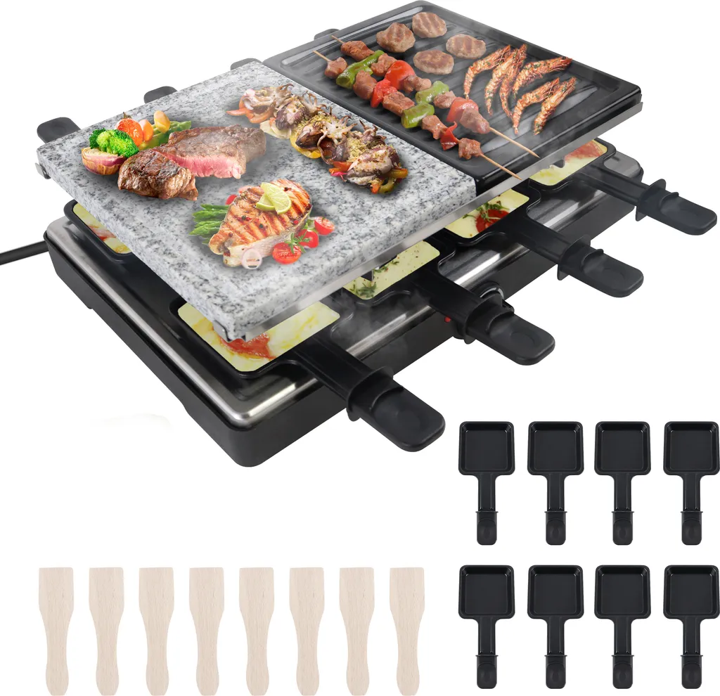 Appareil à Raclette et Gril de Table 2-en-1 avec Plaque Multi-Grillades