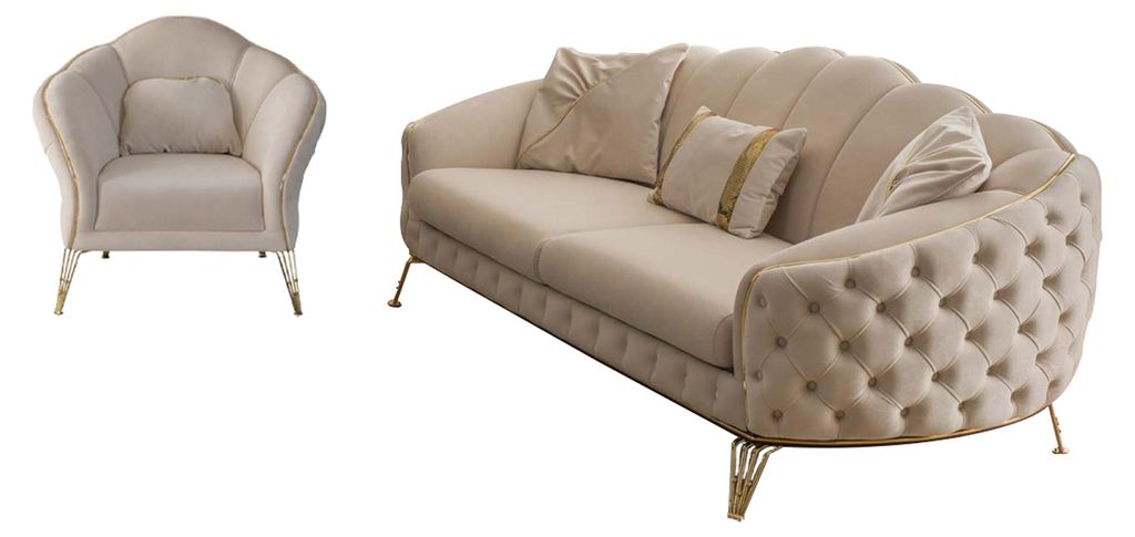 Modern Beige Wohnzimmer Set Sofa 3 Sitzer Sessel Textil Sessel Wohnzimmer