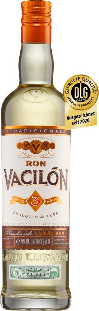 A bottle of Ron Vacilon Añejo 3 Años rum against a white background.