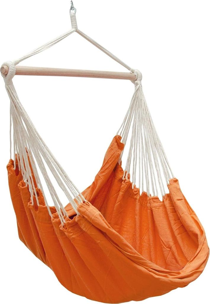 An orange fabric hammock chair suspended by white ropes from a wooden spreader bar.