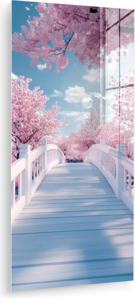 MuchoWow Glasbilder - Bilder auf Wandbild - Foto auf Glas Brücke - Kirschbäume - Weiß 40x80 cm Wanddekoration aus Glas - Acrylglasbild - Acrylbi...