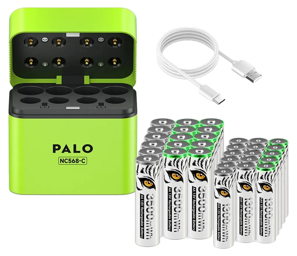 Set Chargeur de Piles Intelligent avec 16 AA et 16 AAA Haute Capacité