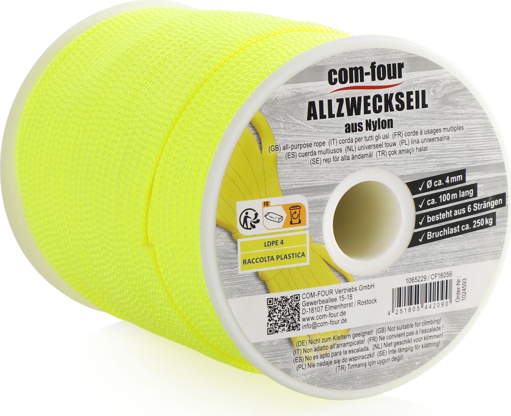 COM-FOUR Paracord Schnur Ø 4mm, 100m - Seil mit 6 Kern Strängen für Boot, Camping, Outdoor - Nylonseil mit 250kg Tragkraft - Zeltseil, Abspann...