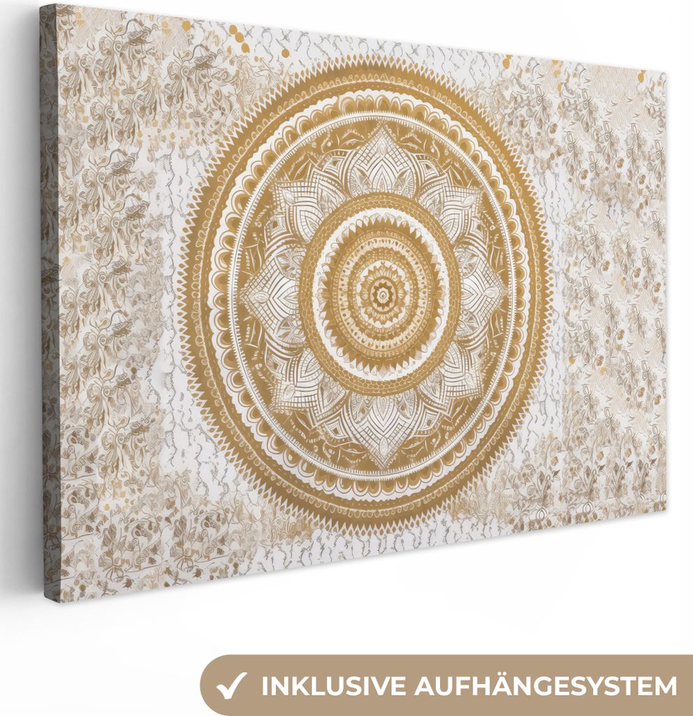 MuchoWow - Leinwandbilder - Mandala - Blumen - Gold - Weiß - Design, Wandbild, Wanddeko Bilder Wohnzimmer, 60x40 cm