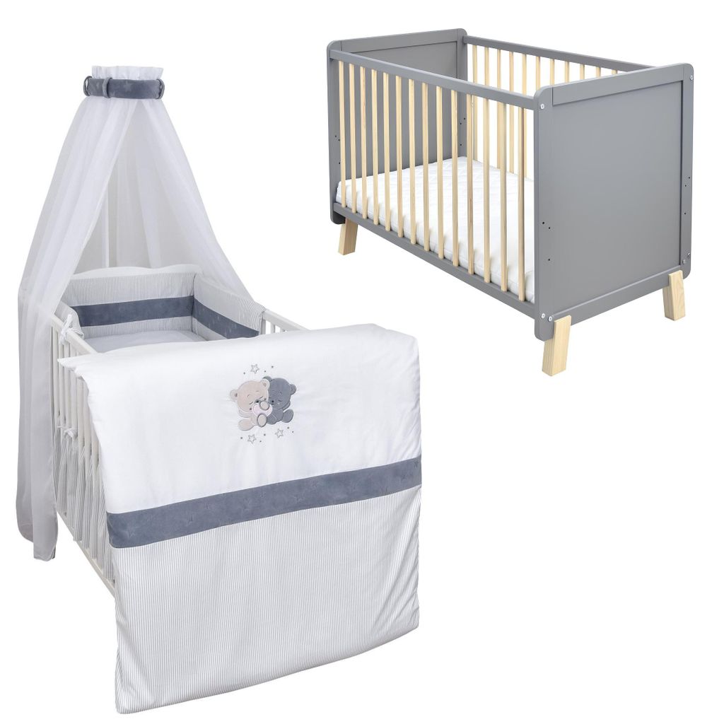 Babybett Kinderbett Gitterbett Lou 60x120 Grau Natur Schutzgitter Matratze Bettwäsche Set 10tlg Loving Bears