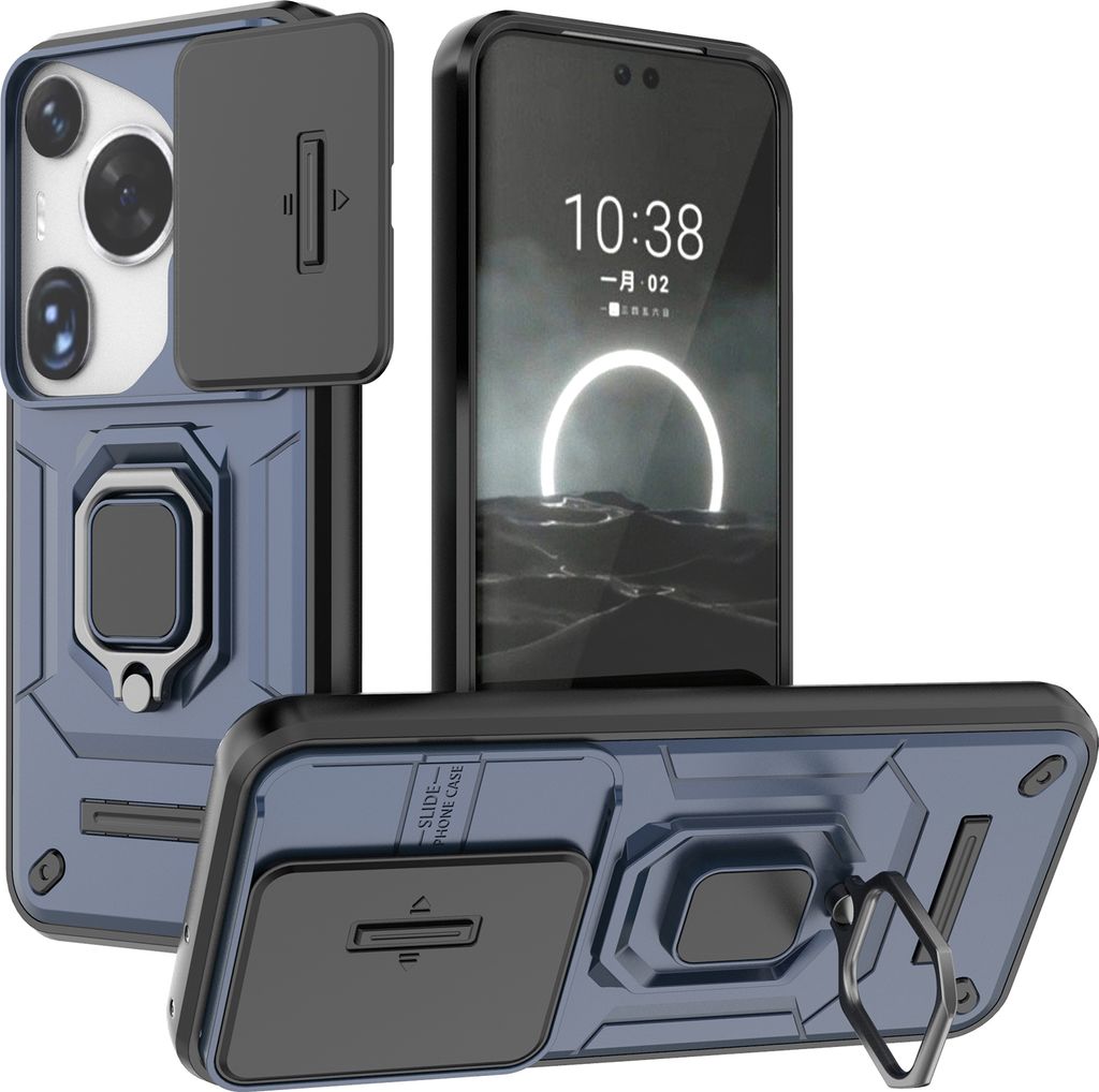 Hülle für Huawei Pura 70 Art Dual Layer Handyhülle Schiebe Kamera Schutz und Ringhalter Ständer Blau