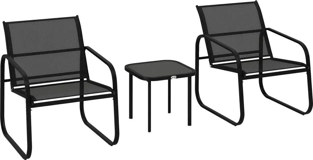 Set de jardin 3 pièces en maille respirante et table en verre trempé noir