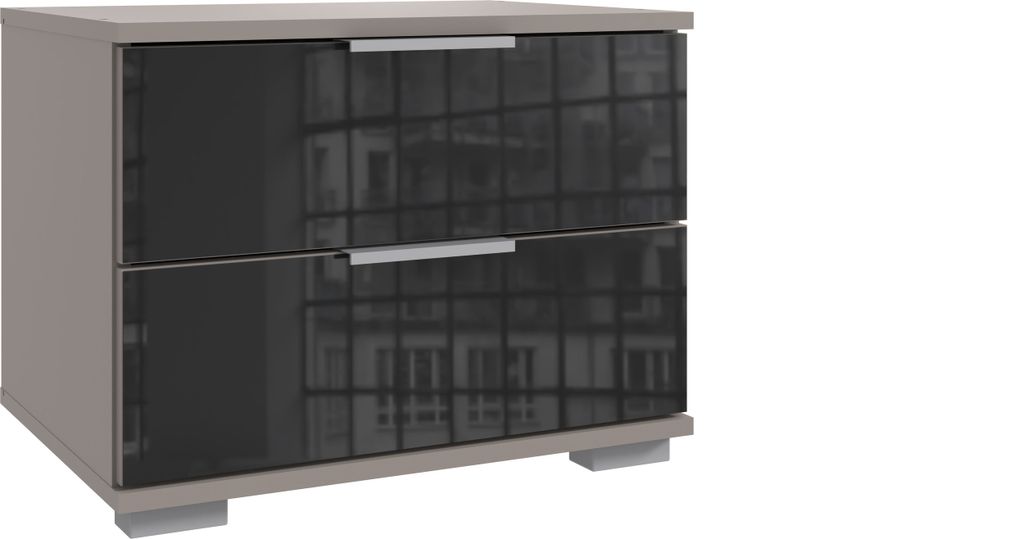 Nachtkommode >Easy Plus< 2 Schübe, SAHARAGRAU + GLAS SCHWARZ - 52x40x38cm (BxHxT)