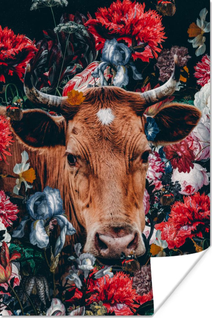 MuchoWow Poster Kühe - Blumen - Tier - Porträt 60x90 cm - Wanddekoration