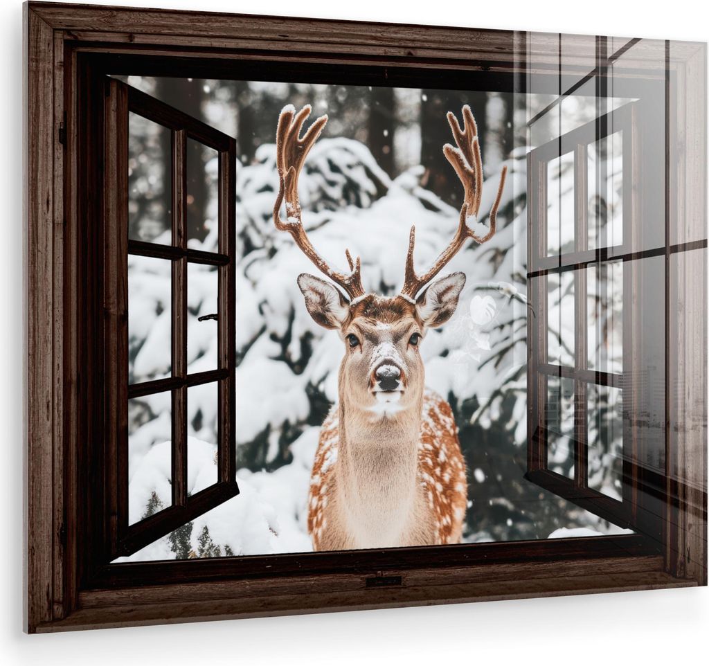 MuchoWow Glasbilder - Bilder auf Wandbild - Foto auf Glas Hirsche - Schnee - Winter - Wald - Tiere - Durchschauen 80x60 cm Wanddekoration aus Glas ...