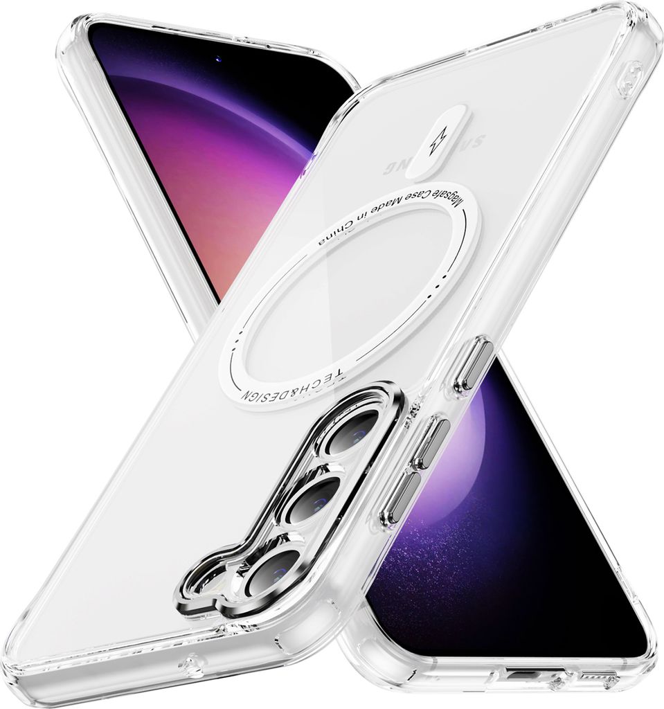 A clear phone case with a magnetic ring and camera protection is shown on a white background, with a phone partially visible inside.