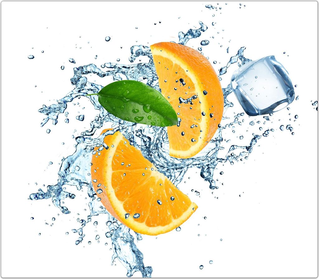 Spritzschutz Herdabdeckplatte Schneidebrett aus Glas Orangenschnitze im Wasser 1-Teilig (60x52cm)