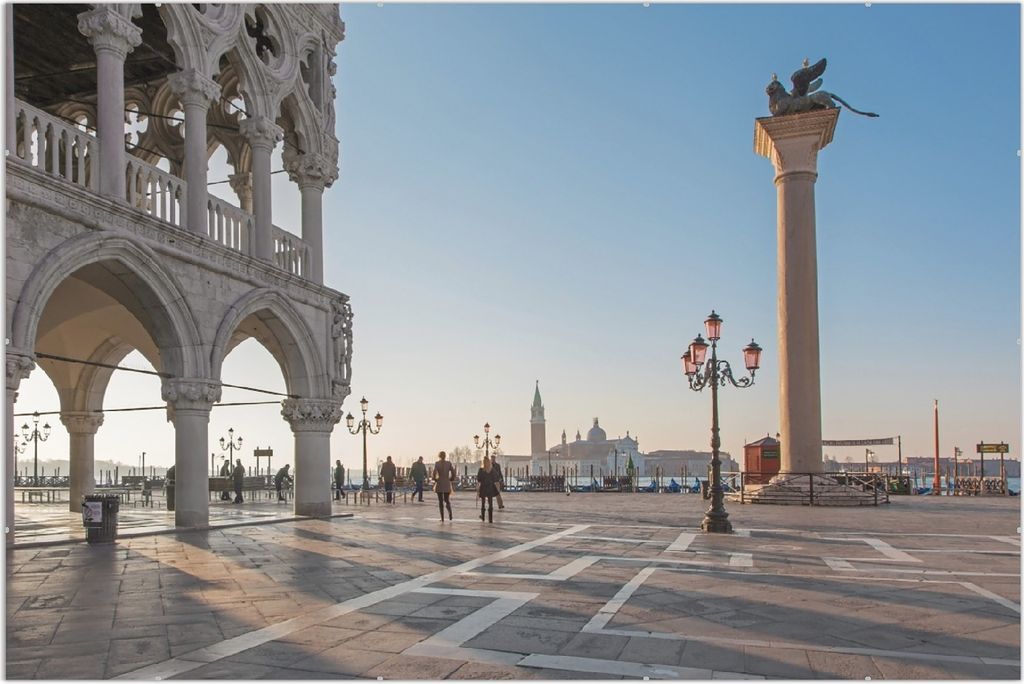 Wallario Wandbild Venedig - Dogenpalast, Markusplatz und San Giorgio Maggiore I, Größe: 61 x 91,5 cm, Poster mit rahmenlosen Bildhalter