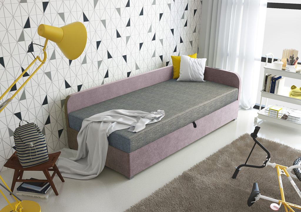 Roe Furniture | Tagesbett - UNO - 90x200 cm - Violett&Grau - Jugendbett - Linke - Bett mit Bettkasten - Boxspringbett - Taschenfederkern-Matratze