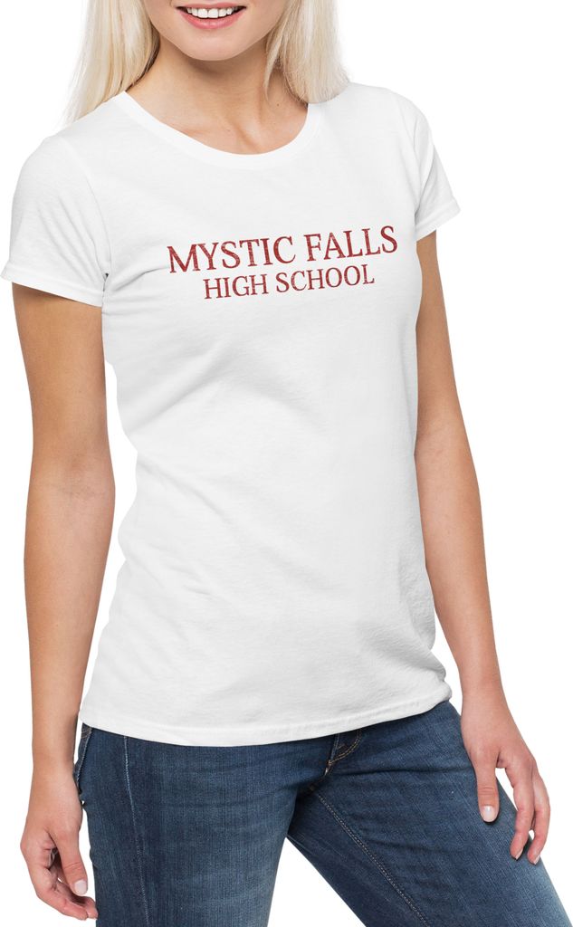 Urban Backwoods Mystic Falls High School, Damen T-Shirt, Farbe: Weiß, Größe: 2XL