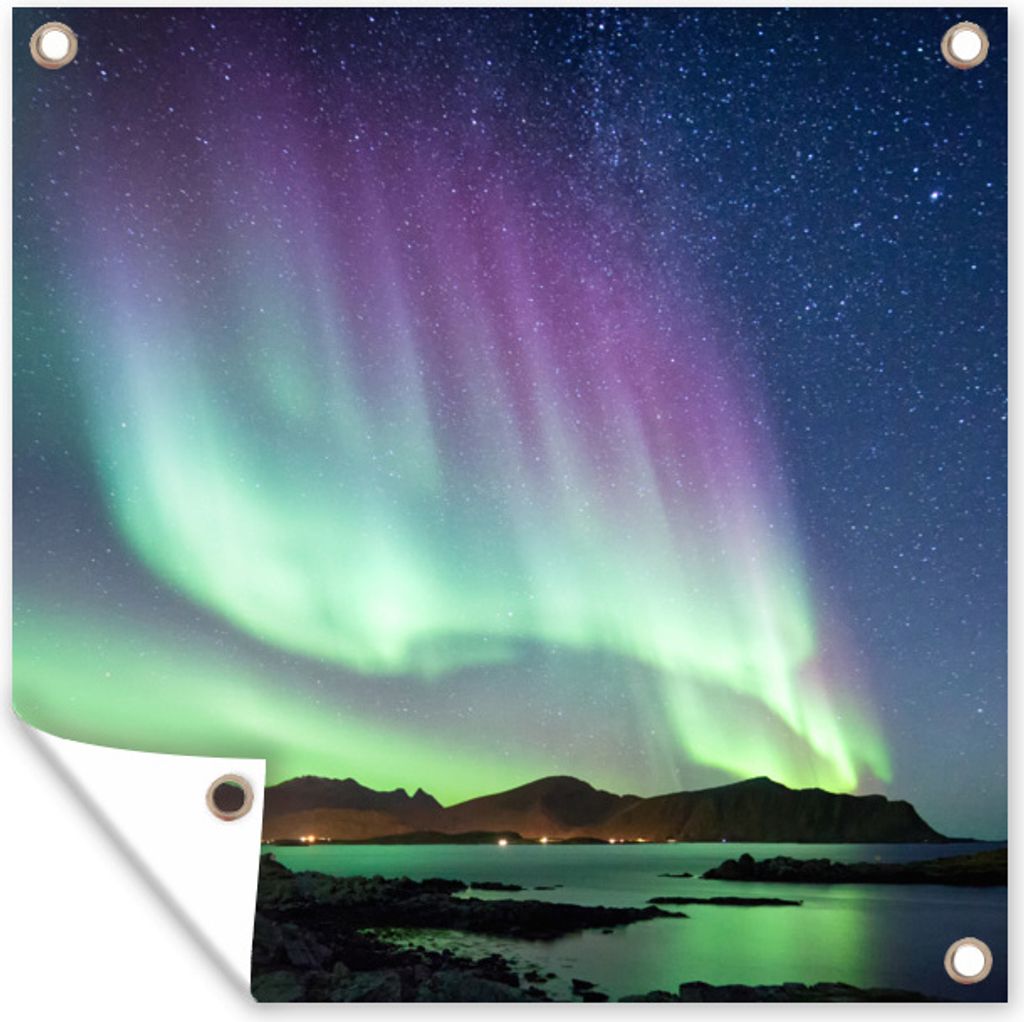 MuchoWow 50x50 cm Outdoor-Poster Gartendeko Sichtschutz Garten Poster für den Garten Nordlicht - Grün - Lila - Sternenhimmel - See - Berg