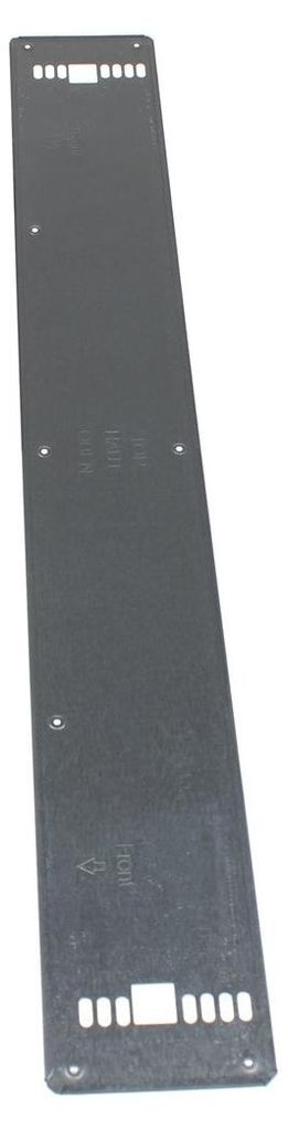 A long, thin, dark gray metal plate with several rectangular cutouts and small circular holes.