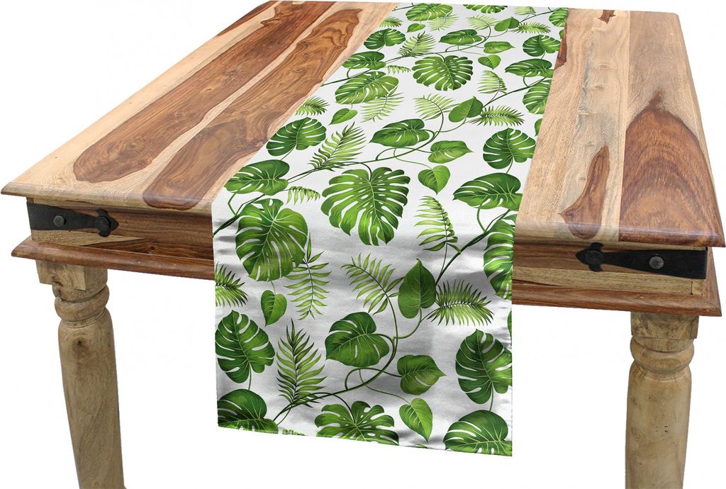 ABAKUHAUS Blätter Tischläufer, Monstera und Farnlaub, Esszimmer Küche Rechteckiger Dekorativer Tischläufer, 40 x 180 cm, Grün Hellgrün Weiß