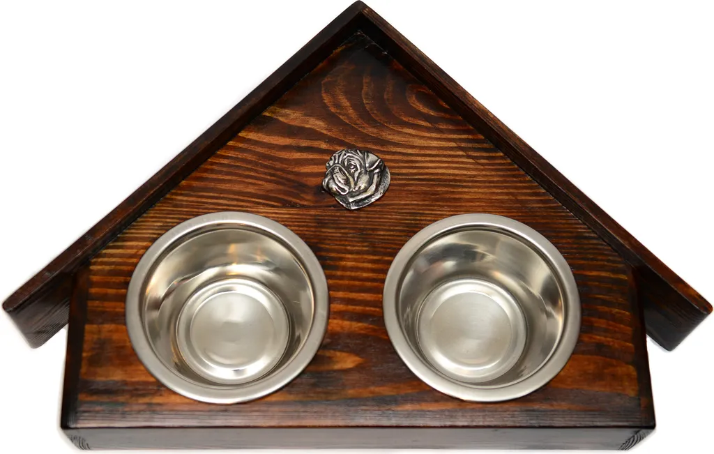 Support gamelles Art-Dog en bois naturel avec décor Carlin gravé